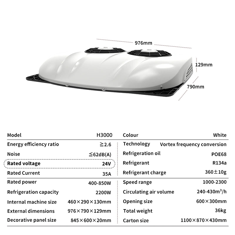 HX H3000 Dual fans, Truck Air Conditioner – Silent No-Idle Parking AC for Truck, RV, Van & Heavy Equipment 